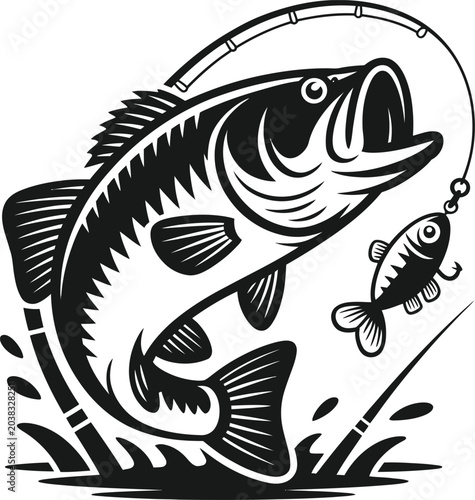 Black and white illustration of a largemouth bass jumping to catch a fishing lure