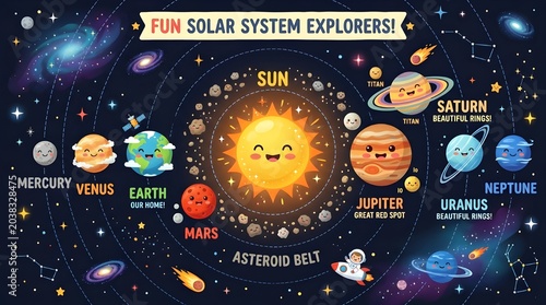 Fun Solar System Cartoon Infographic With Smiling Planets Theme.