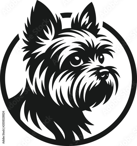 Stylized black and white vector illustration of a yorkshire terrier dog head inside a circle