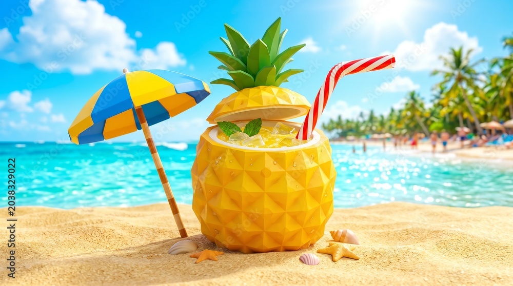 Obraz premium Summer essentials concept with pineapple cocktail on a tropical beach