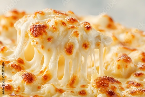 Delicious mac and cheese with strings of melted cheese being pulled apart. The cheese is golden brown and bubbly
