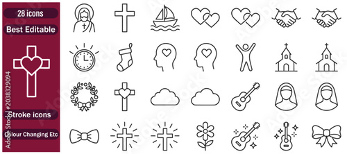 Fotografía Christianity Icons vector illustration with thin line editable stroke containing cross, altar, heaven, faith, gospel, rosary, worship, prayer, church, angel, saint, candles, bible