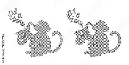 Schilderij op canvas Musical monkey silhouette playing saxophone, jazz primate with music notes vecto