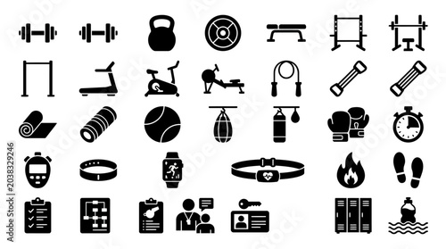 Foto Comprehensive collection of fitness and sports icons depicting gym equipment, athletic activities, and recreational sports imagery