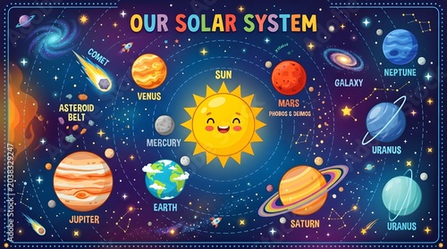 Colorful Cartoon Solar System Infographic Featuring Planets And Stars.