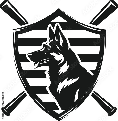 German shepherd dog head mascot logo with crossed baseball bats and shield