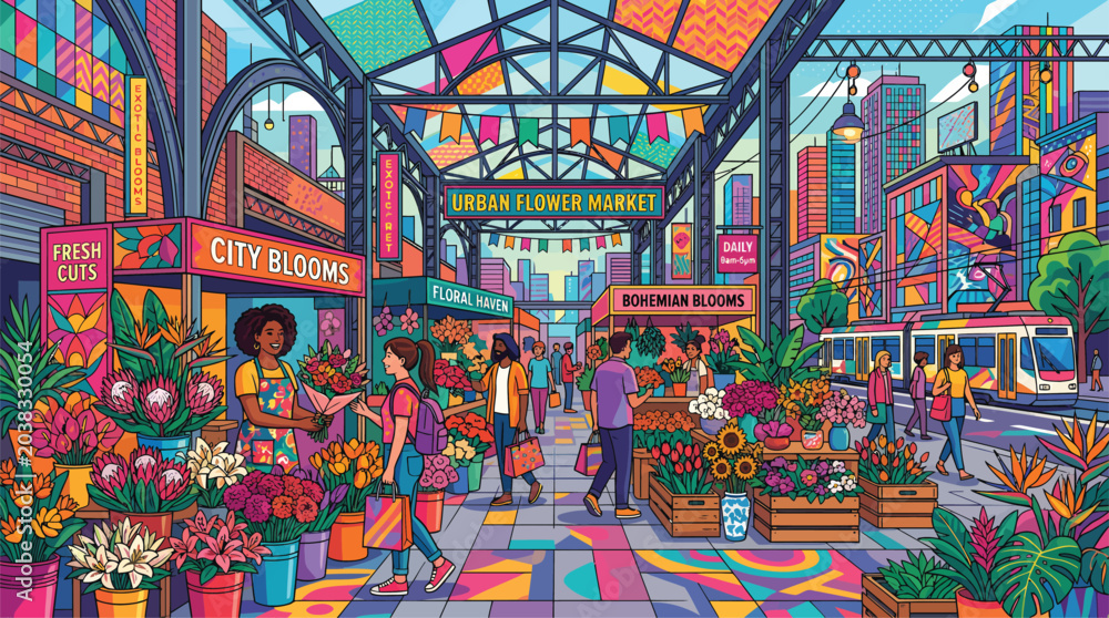 Obraz premium Vibrant Urban Flower Market Scene, City Blooms, Fresh Produce, Shoppers, Diverse Community