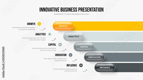 Consulting Review 5 Step Diagram Slide Layout. Project Profile Presentation Design Vector Illustration. Company Report Five Element Infographic Slideshow Template.