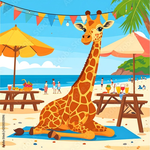 Giraffe standing on tropical beach with parasols.