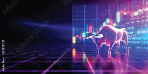 Quadro su tela An abstract blue digital network screen displays a stock market graph illustrati