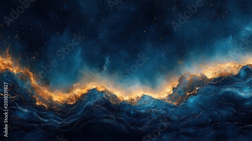 Abstract Cosmic Nebula With Golden Light Rays And Star Dust Particles In Deep Space