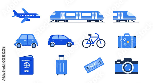 Set of blue travel and transportation icons for vacation planning