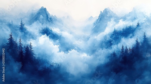 Misty Blue Mountain Range with Evergreen Forest Below Serene Landscape