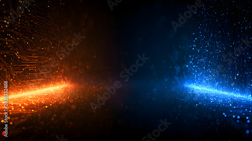 Abstract technology background with orange circuits and blue data lights around dark copy space