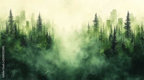Misty Forest Landscape With Tall Evergreen Trees And Soft Hazy Sunlight Filtering Through The