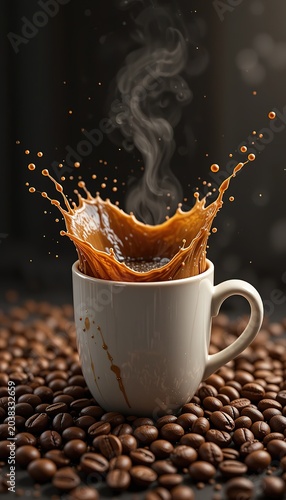 Dynamic High Speed Splash of Hot Black Coffee in White Cup Surrounded by Roasted Coffee Beans