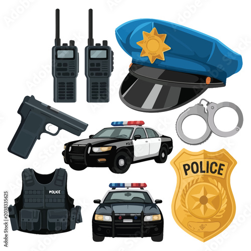 Law enforcement and security gear vector collection police radio blue uniform hat handcuffs pistol bulletproof vest police vehicle and badge