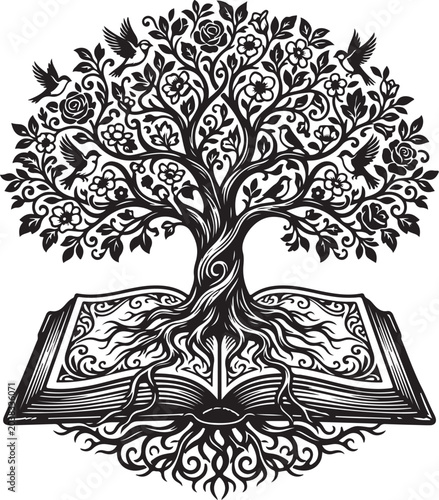 Intricate tree of life illustration, book roots, black and white vector, ornate design, symbol of knowledge