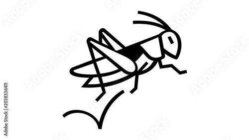 Spare stroke-based outline of an airborne orthopteran insect mid-leap with arched hind limbs and slender antennae, a wiry monochrome bug emblem for wildlife education platforms, environmental