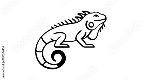 Clean wiry outline of a spiny-crested lizard with a tapering tail rendered in stark monochrome, a lean reptile pictogram suited for tropical fauna branding, herpetology education, exotic wildlife