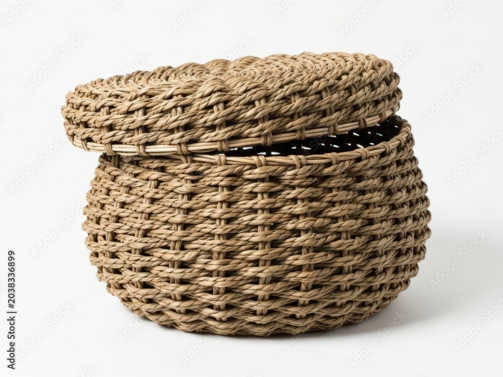 Obraz premium Woven round basket with lid, natural fibers, rustic texture, isolated on white background, keywords: basket, woven