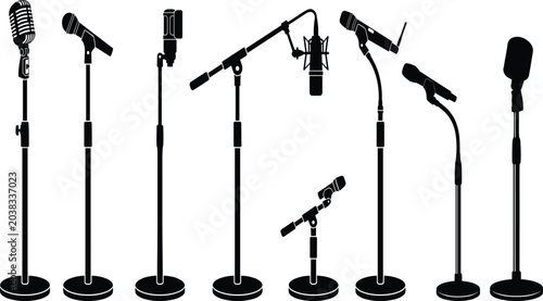 Professional Microphone Stands Silhouette Vector Set for Audio Recording Music Production Podcast and Live Stage Performance Equipment