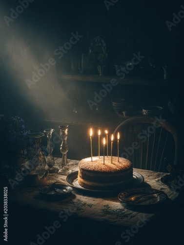 A lit birthday cake illuminates a dark kitchen with a warm, moody glow as candles flicker in the early morning.
