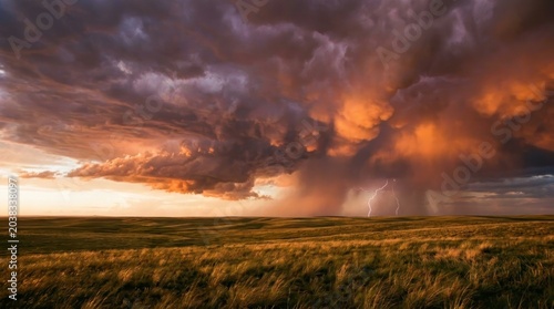A dramatic stormy sky with vivid orange hues looms over a vast open grassy field, hinting at a lightning strike