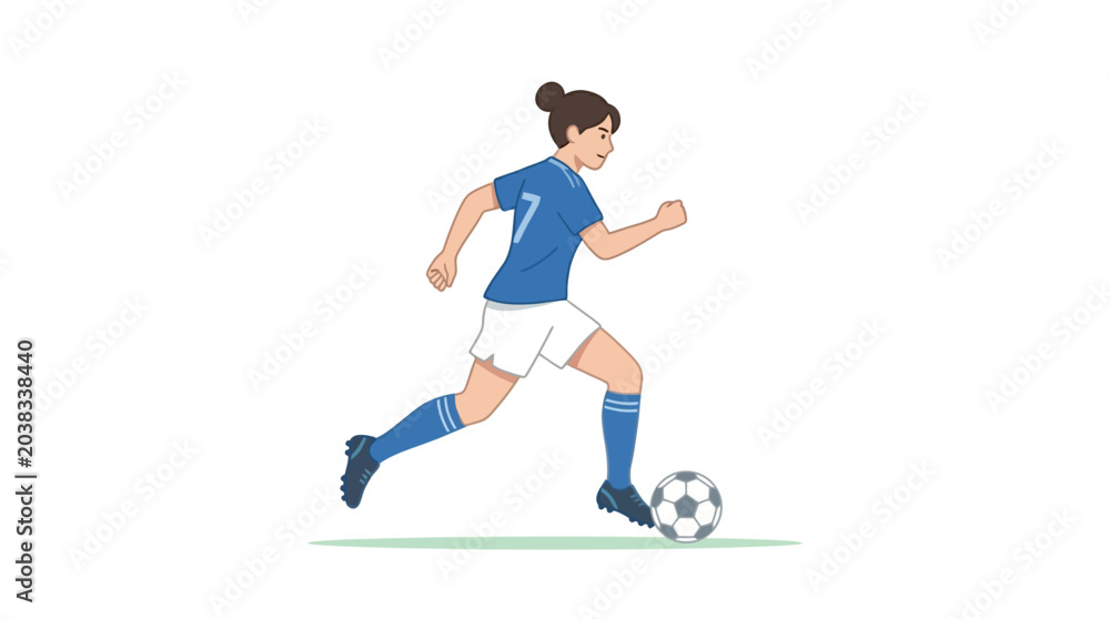 Obraz premium Female soccer player running with a ball on a white background.