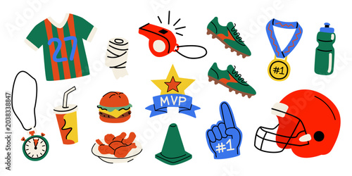 A vector set of American football elements in doodle style. The sports equipment, rugby ball, helmet, cleats, fast food, whistle, medal, and uniform are presented in a sports-themed design