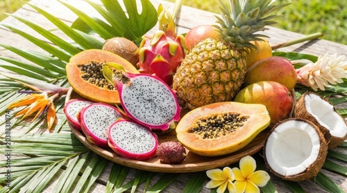 A vibrant assortment of tropical fruits including papaya, dragon fruit, and coconut, arranged on a table