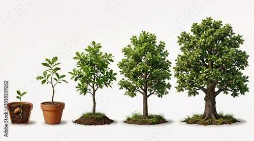 Oak Tree Growth Stages From Acorn to Full Tree on White Background