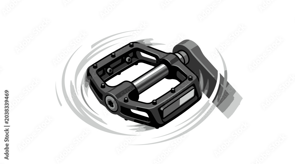 Naklejka premium Modern black mountain bike platform pedal spinning rapidly with motion blur effect on white background, illustrating high speed cycling performance and representing active outdoor lifestyle