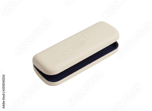a beige, rectangular, and smooth-textured object with a dark blue interior