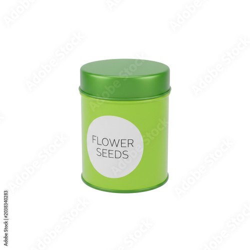 a green cylindrical tin with a white circular label reading FLOWER SEEDS, Isolated on a transparent background