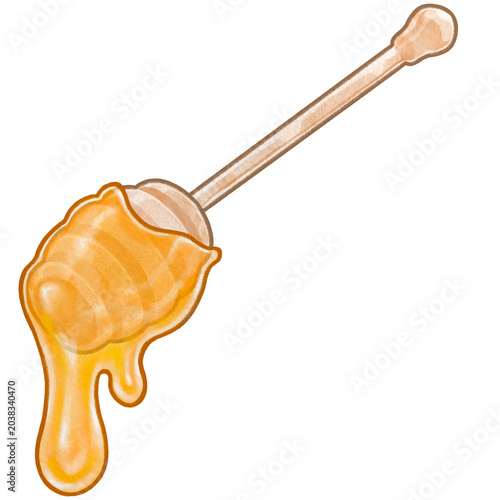Fotografía Honey Dripping from Wooden Dipper in Colorful Cute Cartoon Watercolor style