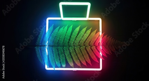 Neon briefcase glowing with vibrant colors and tropical leaves reflection.