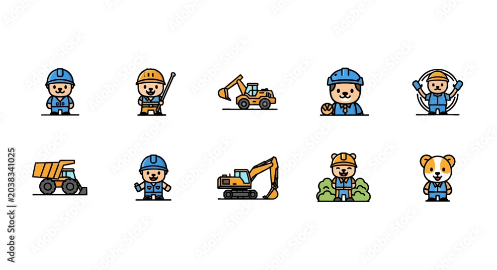 Fototapeta premium Construction workers and equipment icons.