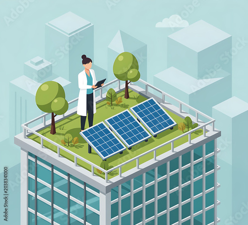 Female Engineer Inspecting Rooftop Solar Panels Isometric Vector