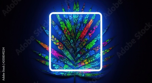 Neon cannabis leaf glowing in vibrant colors with a square frame.