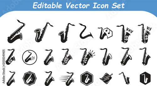Graphic saxophone icon collection for music events with saxophone instrument silhouette creative