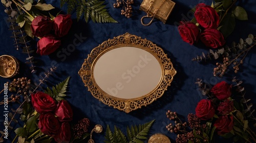 Elegant dark blue velvet flat lay with ornate gold mirror, surrounded by deep red roses, lush ferns, and antique gold accessories, perfect for romantic or luxury themes.