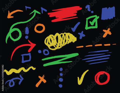Hand drawn colored pencil scribbles, rough sketch stars, and underlines. Grunge chalk graphics elements, colorful charcoal arrows, circles and squiggles, abstract crayon textured doodles vector set