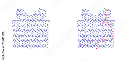 Gift shaped maze with solution path. Christmas activity paper for brain training and logical game.