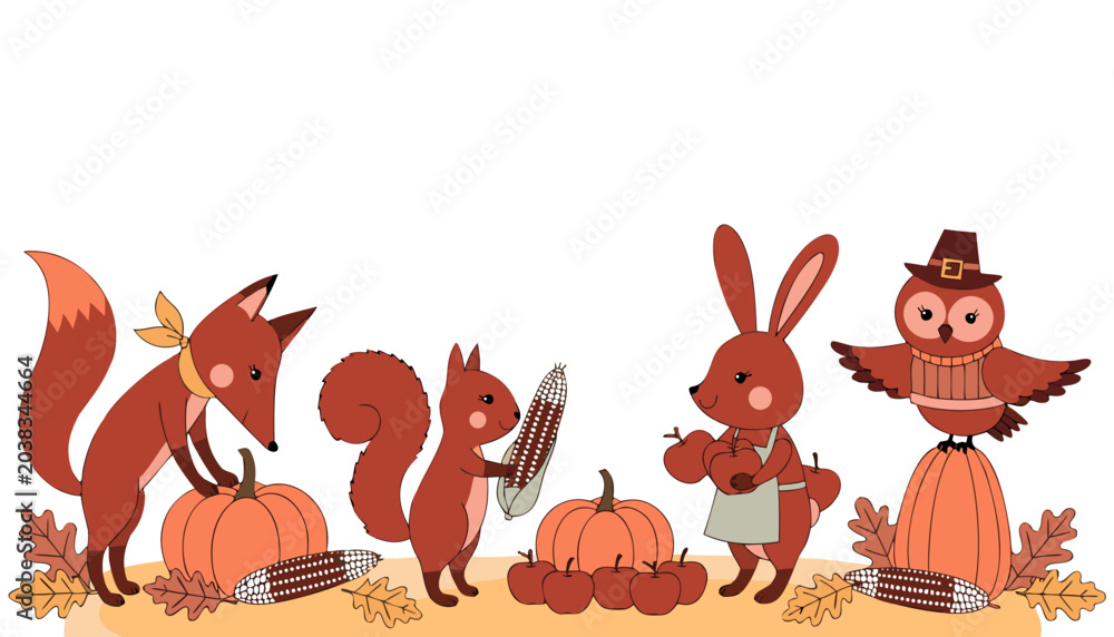 Fototapeta premium Adorable Thanksgiving illustration featuring woodland animals including a fox, squirrel, rabbit, and owl surrounded by pumpkins, wheat, and autumn harvest elements