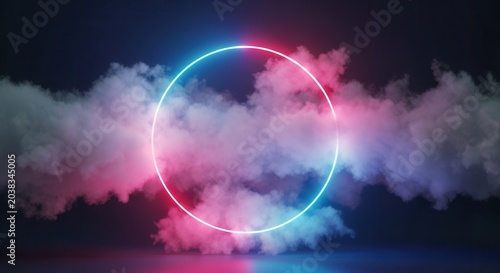 Neon Circle Frame with Smoke and Glowing Light on Dark Background.