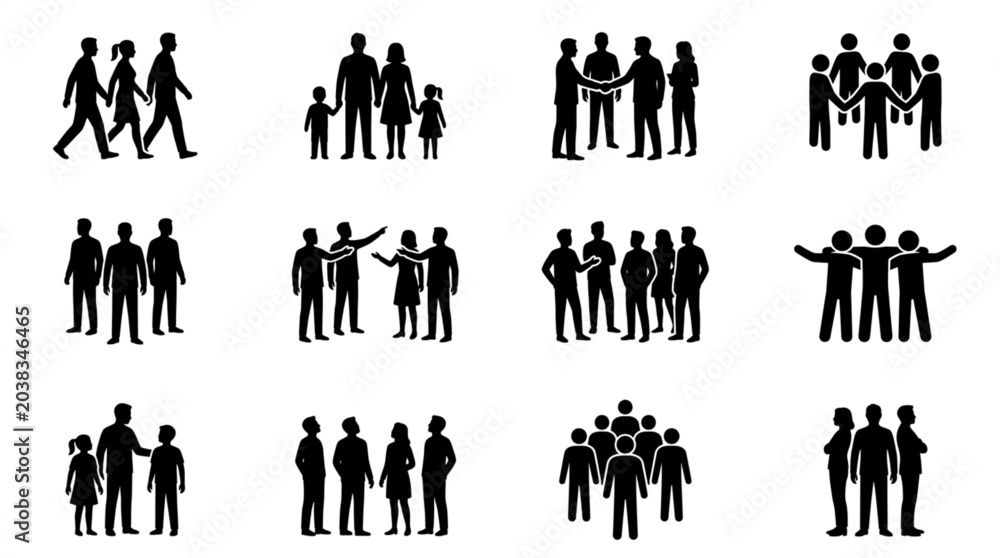 Obraz premium Collection of diverse human figures in silhouette representing groups and families.