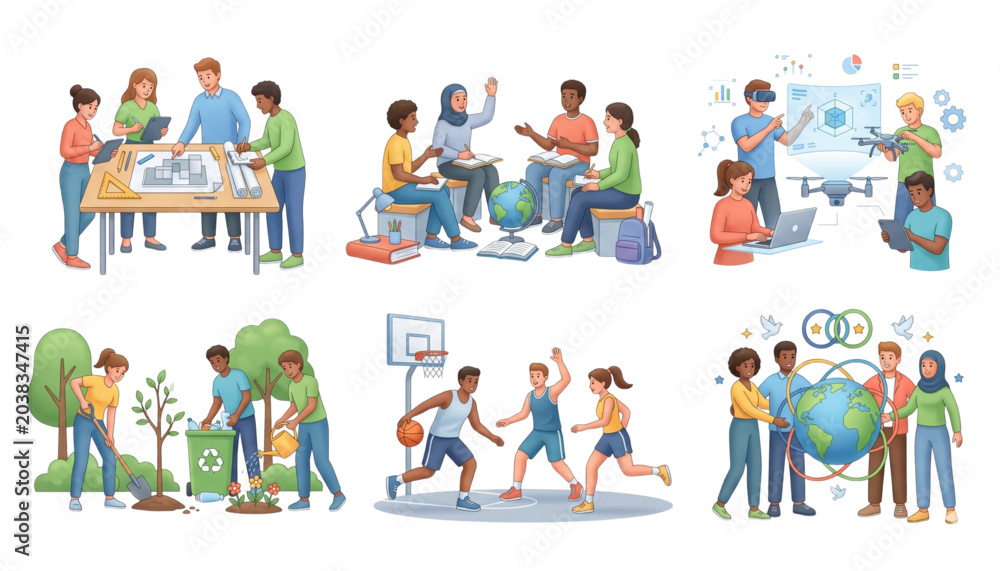 Fototapeta premium 3d vector illustration set of international youth day concept with diverse young people on transparent background