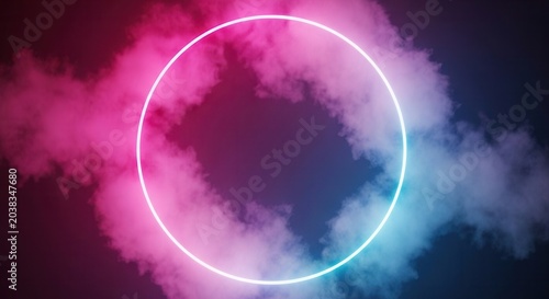 Neon circle in colorful smoke clouds.