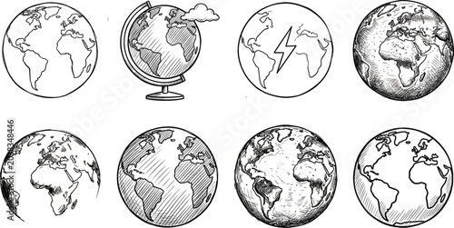 Quadro su tela Set of hand drawn earth globe icons and sketches featuring world maps for geogra